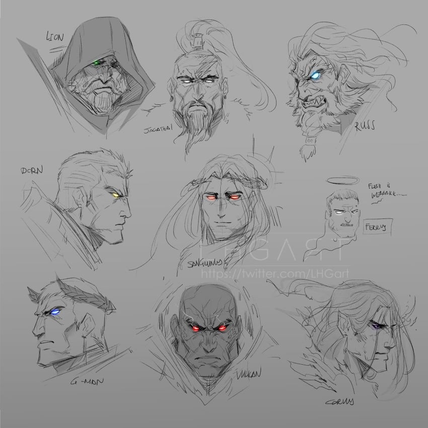 sanguinius, roboute guilliman, lion el'jonson, rogal dorn, ferrus manus, and 4 more (warhammer 40k and 1 more) drawn by lhgart
